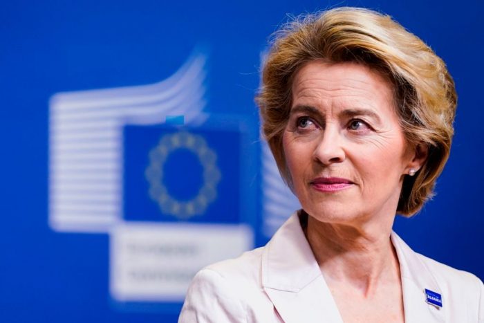European Commission President Ursula von der Leyen holds a  press conference   in Brussels, on February 17, 2020, at the end of the Together for Albania international donors conference to help with recovery after the country was hit by a powerful earthquake in November 2019. - The impoverished Balkan state was hit by a 6.4-magnitude quake in November, killing 51 people, leaving 17,000 homeless and creating a recovery bill of more than a billion euros ($1.08 billion), according to an official assessment. (Photo by Kenzo TRIBOUILLARD / AFP) (Photo by KENZO TRIBOUILLARD/AFP via Getty Images)