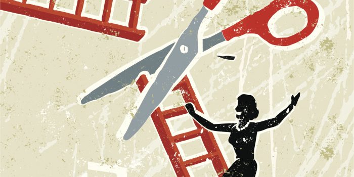 Business Woman and Corporate Ladder with Scissors