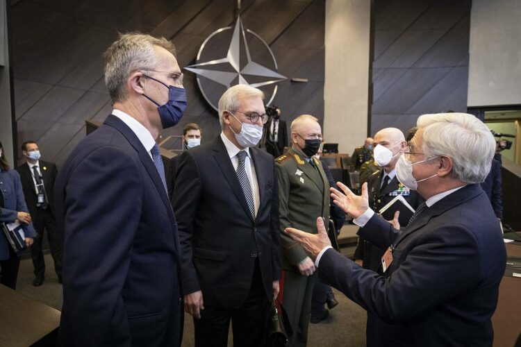 BRUSSELS, BELGIUM - JANUARY 12: NATO Secretary General Jens Stoltenberg, Russian Deputy Defence Minister Colonel-General Alexander Fomin and Deputy Minister of Foreign Affairs Of Russia, Alexander Grushko attend the NATO-Russia Council at the Alliance's headquarters in Brussels, Belgium on January 12, 2022. (Photo by NATO / POOL/Anadolu Agency via Getty Images)