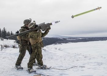 U.S. Marines assigned to Alpha Battery, 2nd Low Altitude Air Defense Battalion fire an FIM-92 Stinger missile during exercise Arctic Edge on Fort Greely, Alaska, on Mar. 15, 2018. Arctic Edge 2018 is a biennial, large-scale, joint-training exercise that prepares and tests the U.S. military’s ability to operate tactically in the extreme cold-weather conditions found in Arctic environments. (U.S. Marine Corps photo by Lance Cpl. Cody J. Ohira)