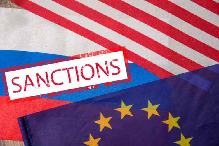 flag of usa and  europe. sanctions of russia