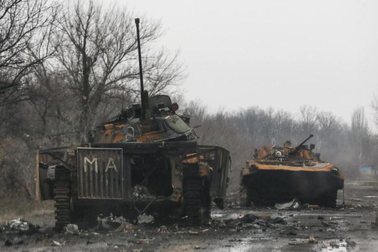 Armoured vehicles, destroyed during battles between the armed forces of the separatist self-proclaimed Donetsk People's Republic and the Ukrainian armed forces, are seen in Vuhlehirsk, Ukraine, February 6, 2015. REUTERS/Maxim Shemetov