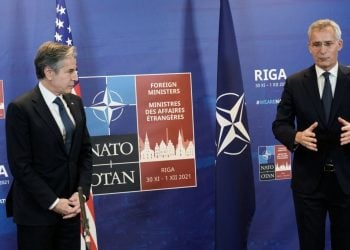 U.S. State Secretary Antony Blinken and NATO Secretary General Jens Stoltenberg speak to the media at the NATO Foreign Ministers summit in Riga, Latvia November 30, 2021. REUTERS/Ints Kalnins/Pool - RC215R90YQNC
