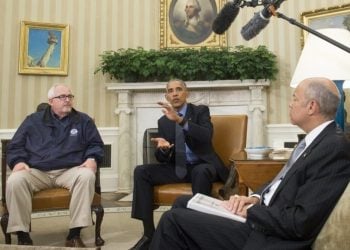 US President Barack Obama speaks alongside FEMA Administrator Craig Fugate (L) and Secretary of Homeland Security Jeh Johnson (R) about Hurricane Matthew following the Presidential Daily Briefing in the Oval Office of the White House in Washington, DC, October 7, 2016.
Hurricane Matthew was downgraded to a Category Three storm Friday as it churned just off Florida and threatened to pummel the US southeast after wreaking havoc in the Caribbean. / AFP / SAUL LOEB        (Photo credit should read SAUL LOEB/AFP via Getty Images)