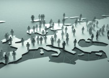 3D illustration of people on the map, representing the country's demography.