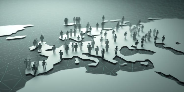3D illustration of people on the map, representing the country's demography.