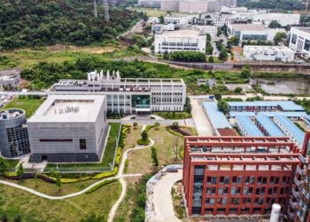 This aerial view shows the P4 laboratory (L) on the campus of the Wuhan Institute of Virology in Wuhan in China's central Hubei province on May 13, 2020. - Opened in 2018, the P4 lab, which is part of the greater Wuhan Institute of Virology and conducts research on the world's most dangerous diseases, has been accused by top US officials of being the source of the COVID-19 coronavirus pandemic. (Photo by Hector RETAMAL / AFP) (Photo by HECTOR RETAMAL/AFP via Getty Images)