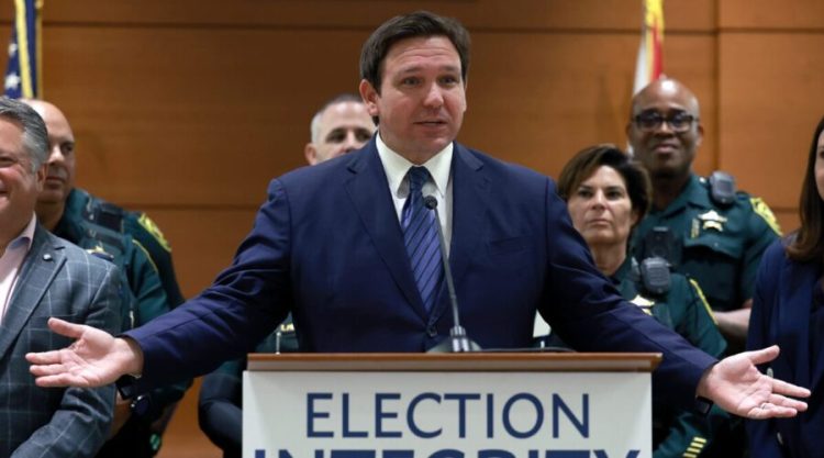 FORT LAUDERDALE, FLORIDA - AUGUST 18: Florida Gov. Ron DeSantis speaks during a press conference held at the Broward County Courthouse on August 18, 2022 in Fort Lauderdale, Florida. The Governor announced during the press conference that the state’s new Office of Election Crimes and Security has uncovered and are in the process of arresting 20 individuals across the state for voter fraud. (Photo by Joe Raedle/Getty Images)