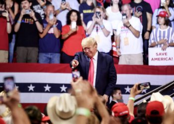 PRESCOTT VALLEY, ARIZONA - JULY 22: Former President Donald Trump points towards the crowd at a ‘Save America’ rally in support of Arizona GOP candidates on July 22, 2022 in Prescott Valley, Arizona. Arizona's primary election will take place August 2. (Photo by Mario Tama/Getty Images)