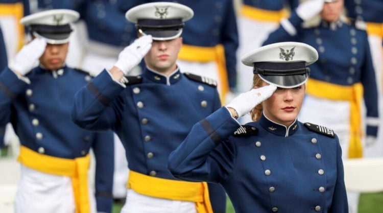 COLORADO SPRINGS, CO - MAY 26: Members of the United States Air Force Academy Class of 2021 salute during their graduation ceremony at Falcon Stadium on May 26, 2021 in Colorado Springs, Colorado. Chairman of the Joint Chiefs of Staff General Mark A. Milley gave the commencement address to the 1019 graduates from the academy. (Photo by Michael Ciaglo/Getty Images)