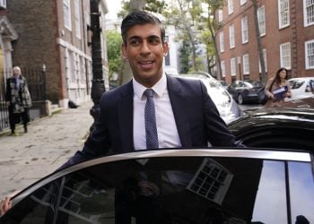 Conservative Party leadership candidate Rishi Sunak leaves the campaign office in London, Monday, Oct. 24, 2022. Former British Treasury chief Rishi Sunak is frontrunner in the Conservative Party's race to replace Liz Truss as prime minister. (AP Photo/Aberto Pezzali)
