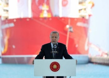 Turkish President Recep Tayyip Erdogan speaks with in background, Abdulhamid Han drill ship, the fourth built by Turkey, in Mersin on August 9, 2022 before being sent for gas exploration to an undisputed area in the Mediterranean Sea, in south of the city of Gazipasa. - Turkey on August 9, 2022 sent its newest drill ship on the first eastern Mediterranean energy exploration mission in nearly two years.
The search for natural gas in energy-rich waters around the divided island of Cyprus has turned into an irritant in Turkey's ties with the European Union. (Photo by Adem ALTAN / AFP) (Photo by ADEM ALTAN/AFP via Getty Images)