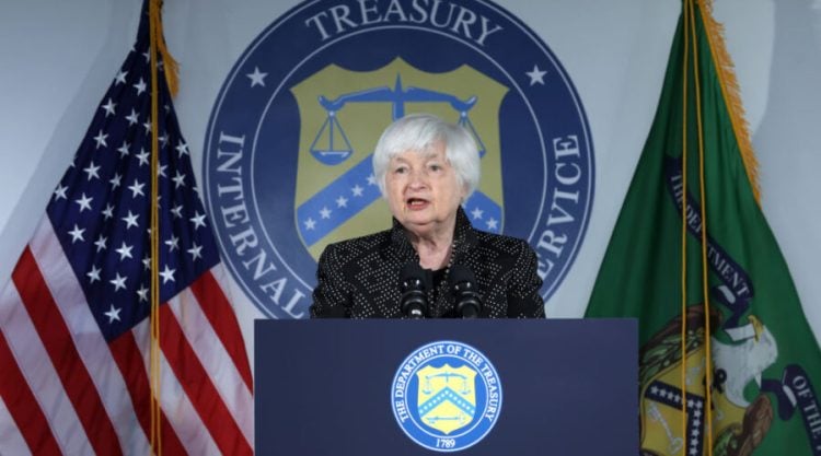 MCLEAN, VIRGINIA - AUGUST 02: U.S. Secretary of the Treasury Janet Yellen delivers remarks regarding the Internal Revenue Service (IRS) during an event at 22nd Century Technologies on August 2, 2023 in McLean, Virginia. Secretary Yellen spoke on “the significant progress that’s been made on modernizing the IRS and improving taxpayer service in the first year of the Inflation Reduction Act.” (Photo by Alex Wong/Getty Images)