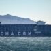 (FILES) The "CMA CGM Palais Royal", the world's largest container's ship powered by natural gas, sails in the bay of Marseille, southern France, on December 14, 2023. French shipping giant CMA CGM announced on December 16, 2023 that, like Maersk and Hapag-Lloyd, it was suspending container ship crossings of the Red Sea following attacks on vessels by Yemen's Houthi rebels.,Image: 830028860, License: Rights-managed, Restrictions: , Model Release: no