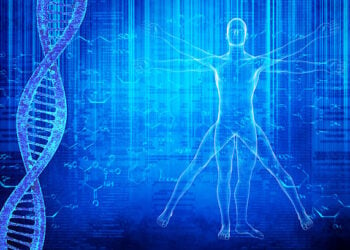 Vitruvian Man image on a blue background with DNA