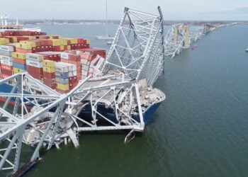 A drone view of the Dali cargo vessel, which crashed into the Francis Scott Key Bridge causing it to collapse, in Baltimore, Maryland, U.S., March 26, 2024, in this still image taken from a handout video. NTSB/Handout via REUTERS