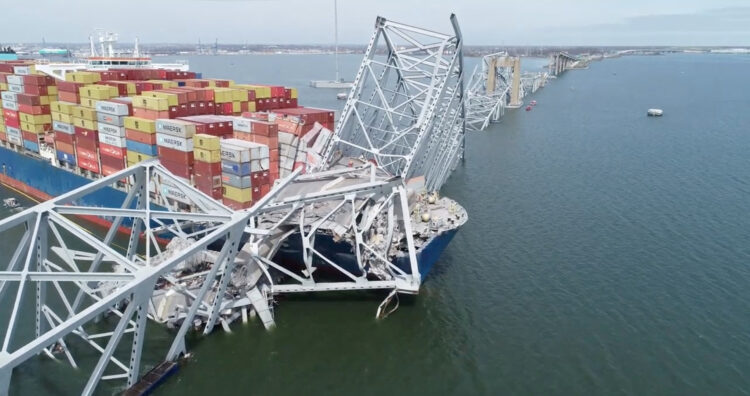 A drone view of the Dali cargo vessel, which crashed into the Francis Scott Key Bridge causing it to collapse, in Baltimore, Maryland, U.S., March 26, 2024, in this still image taken from a handout video. NTSB/Handout via REUTERS
