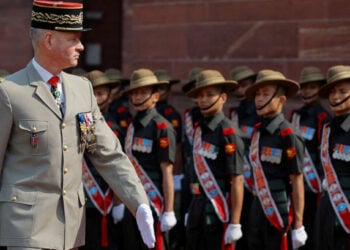 French Army Chief General Pierre Schill inspects the guard of honour during his ceremonial reception in New Delhi, India, February 27, 2024. REUTERS/Adnan Abidi