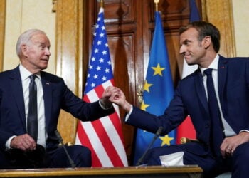 U.S. President Joe Biden meets with French President Emmanuel Macron ahead of the G20 summit in Rome, Italy October 29, 2021. REUTERS/Kevin Lamarque