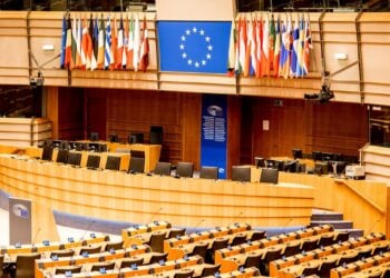 Interior of the meeting room of the European parliament in Brussels, Belgium